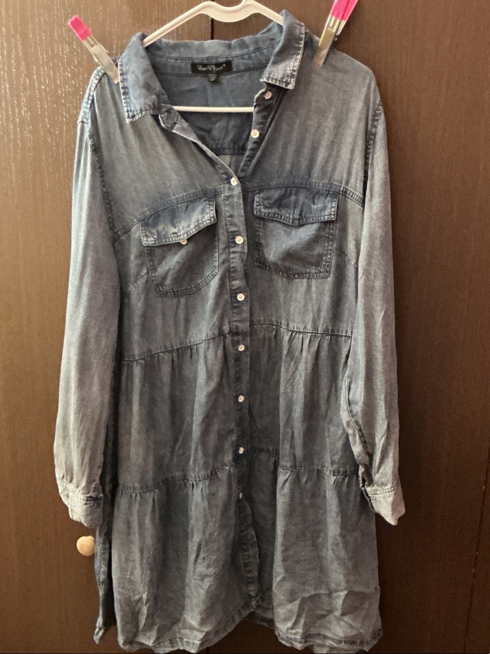 Velvet Heart Denim Tiered Shirt Dress in Light Blue